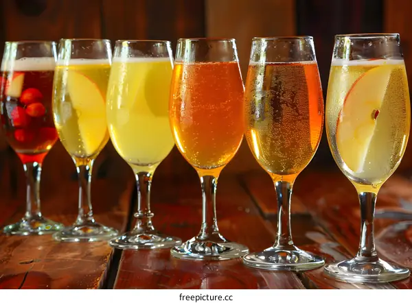 Assortment of Different Flavored Sparkling Cider Beverages in Glasses