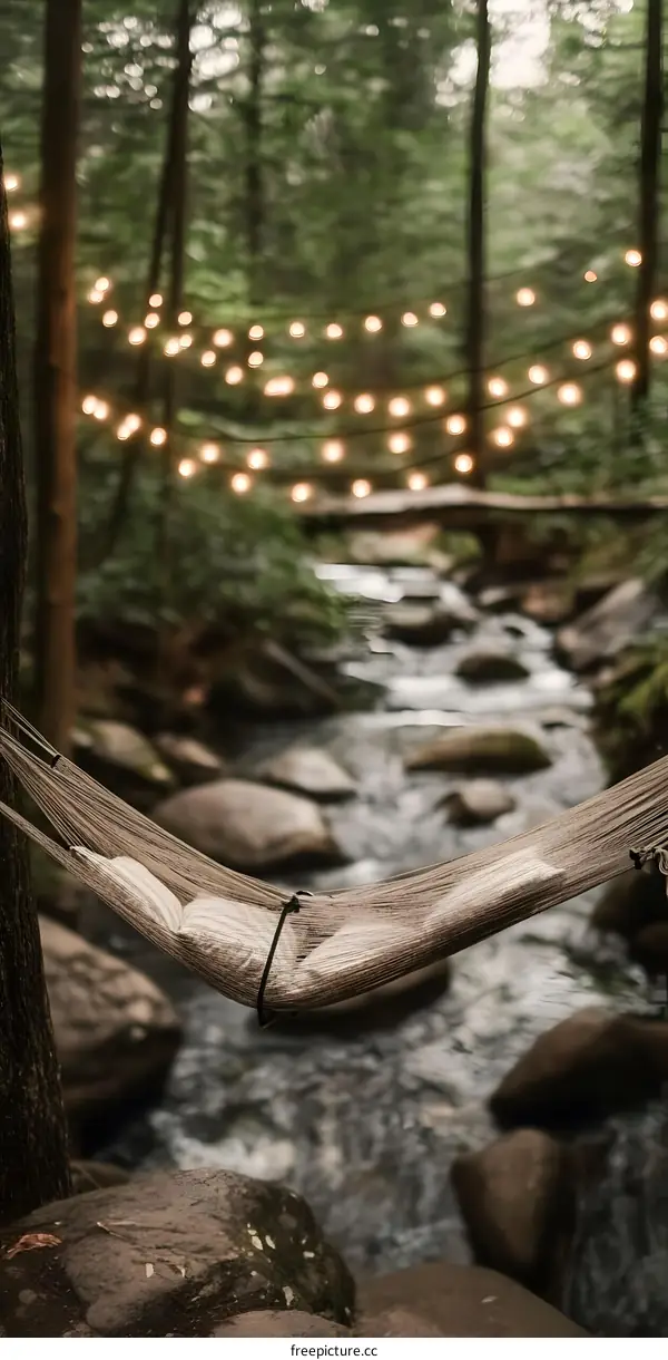 Hammock Hanging Over a River in the Woods