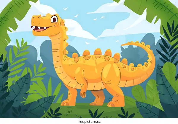 Cute Cartoon Dinosaur In Green Forest Illustration