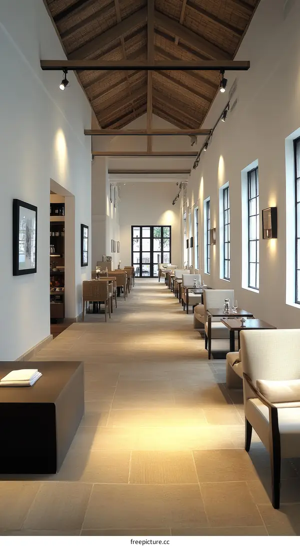 Elegant Restaurant Corridor with Wooden Beams