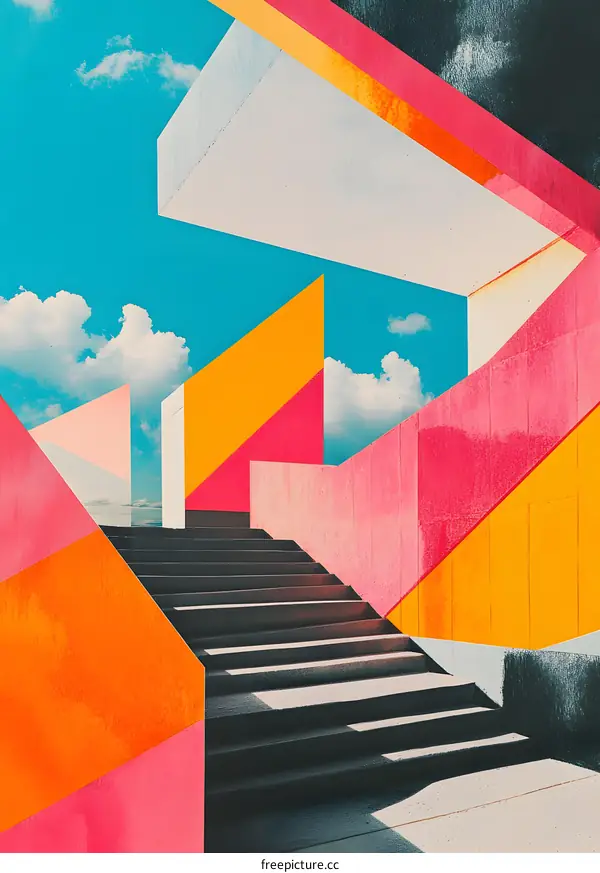 Abstract Geometric Staircase With Blue Sky And White Clouds