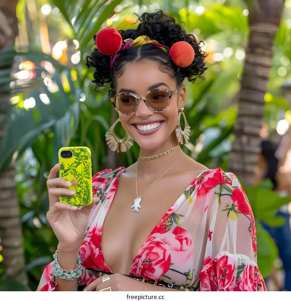 Smiling Woman With Curly Hair Wearing Sunglasses And Floral Dress