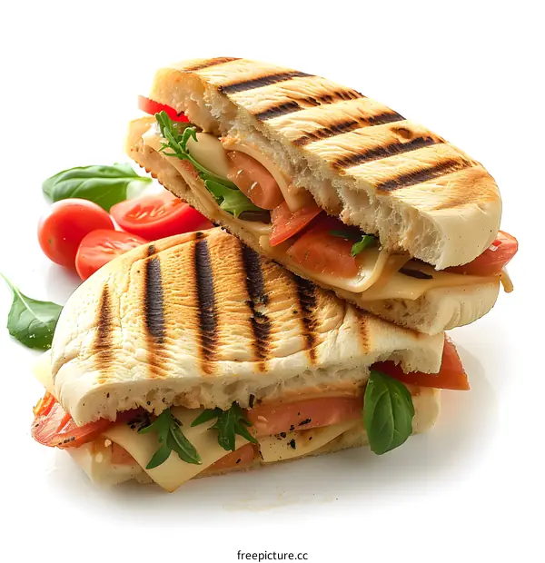 A delicious panini with cheese, tomatoes and basil