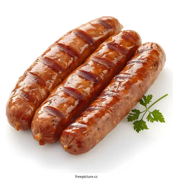 three grilled sausages on a white background