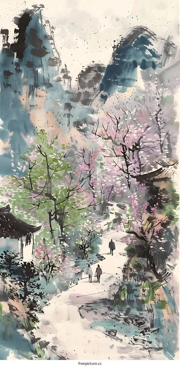 Traditional Chinese Painting of Mountain Landscape with Cherry Blossoms
