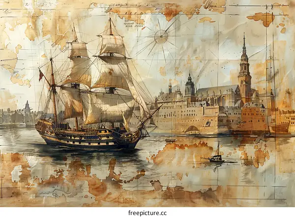 Vintage Watercolor Painting of Ship and Harbor City