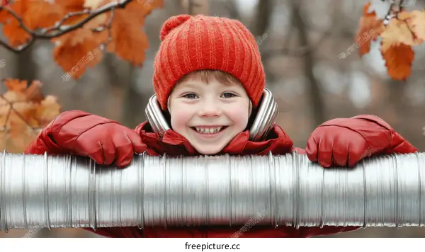 Smiling Child in Red Outfit by Metal Tube in Autumn Park