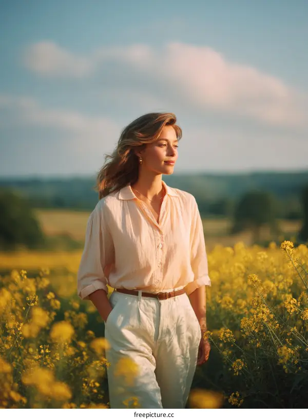 Woman Walking in a Field of Flowers at Sunset