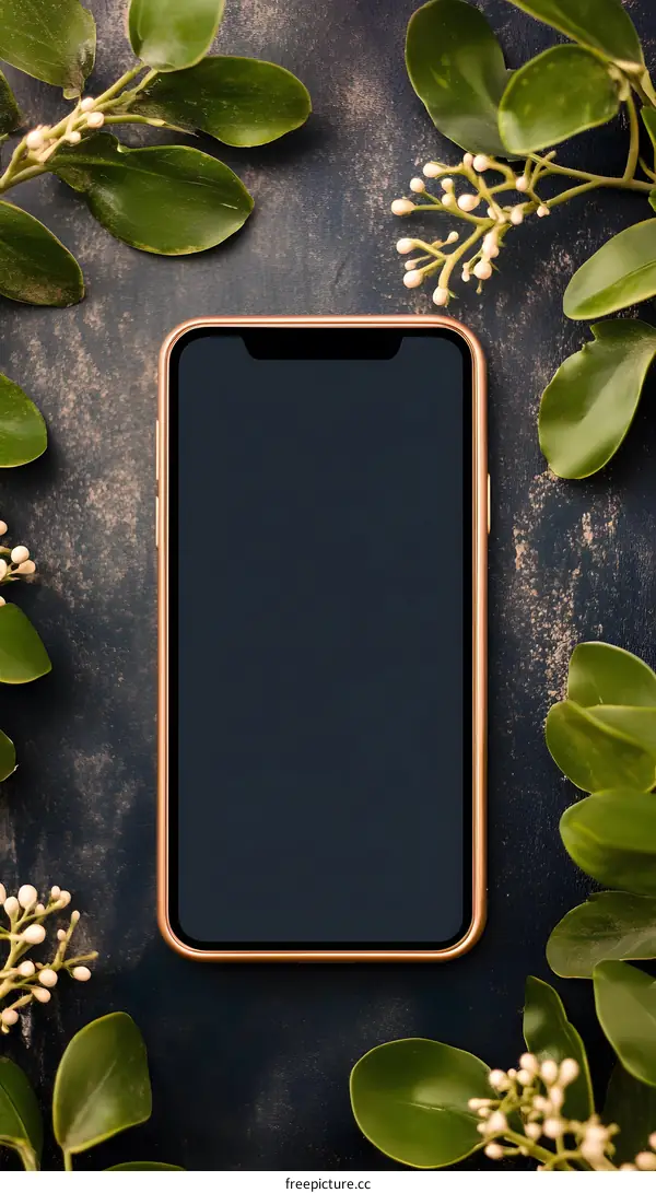 Modern Mobile Phone Mockup with Green Leaves on a Dark Background