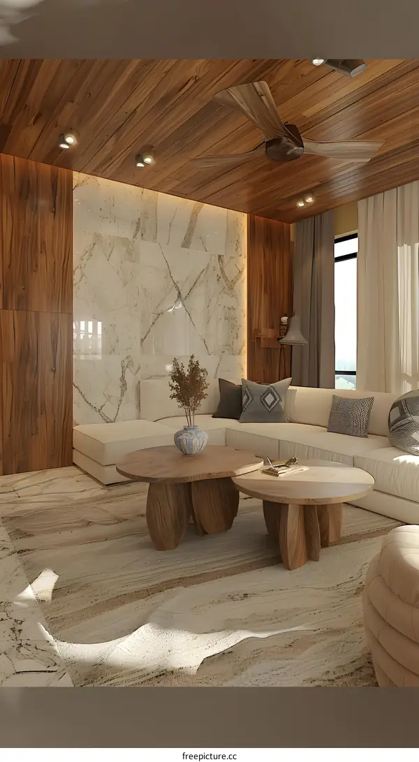 Modern Living Room Interior Design with Wooden Ceiling and White Marble Wall