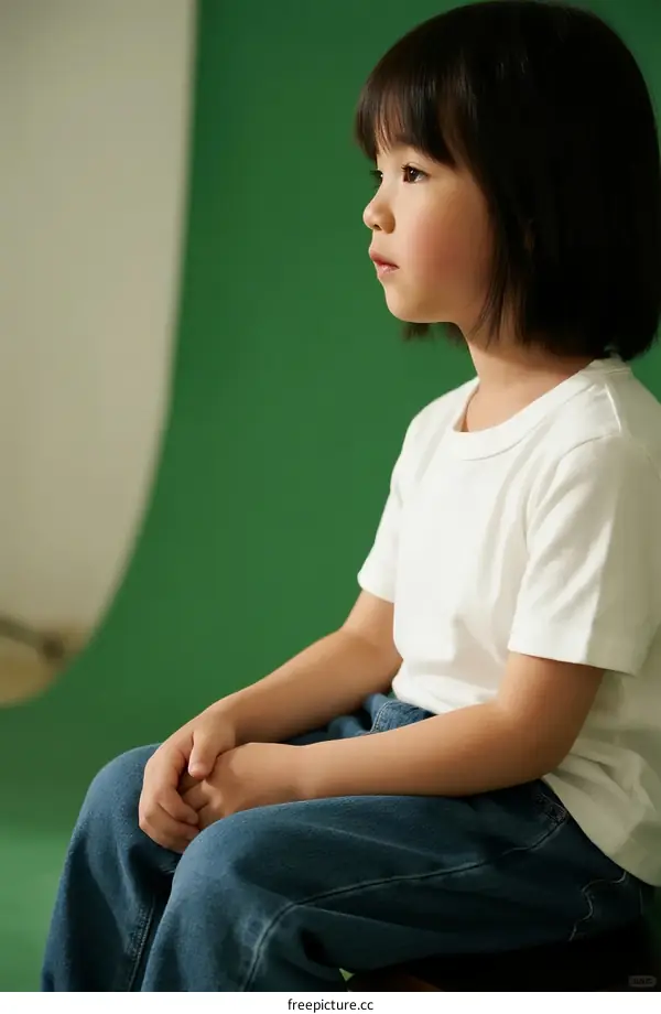 A Little Girl Sitting Cross-Legged in Front of Green Background