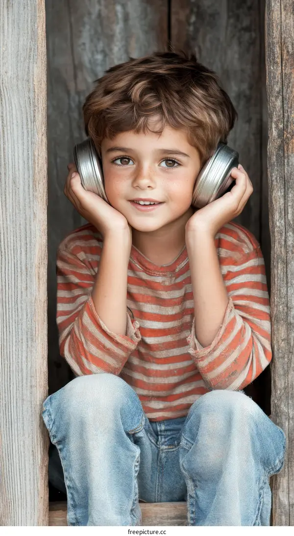Boy Listening to Music with Unique Headphones