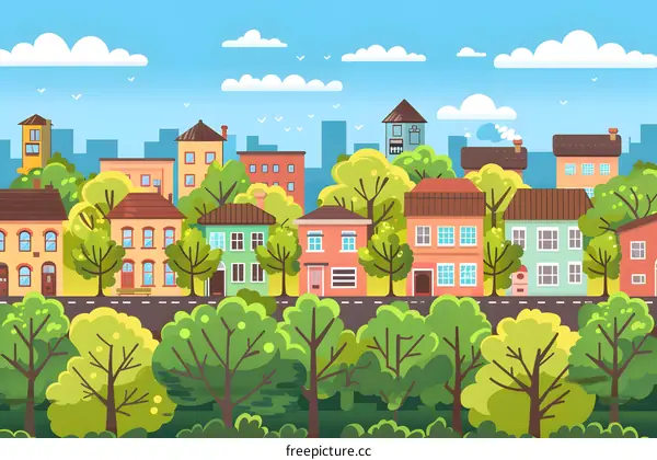 Cute Cartoon Style Suburban Cityscape Illustration