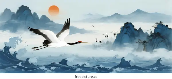 Cranes flying over waves with mountain landscape in background