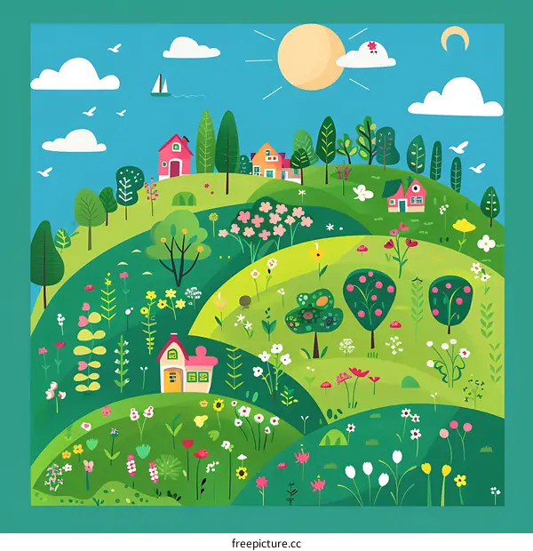 Colorful Illustration of a Village in the Springtime