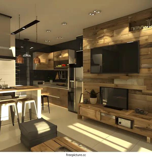 Modern Kitchen and Living Room Interior Design with Wood Accents
