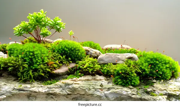 Close Up of Green Moss and Small Plants Growing on Rocks