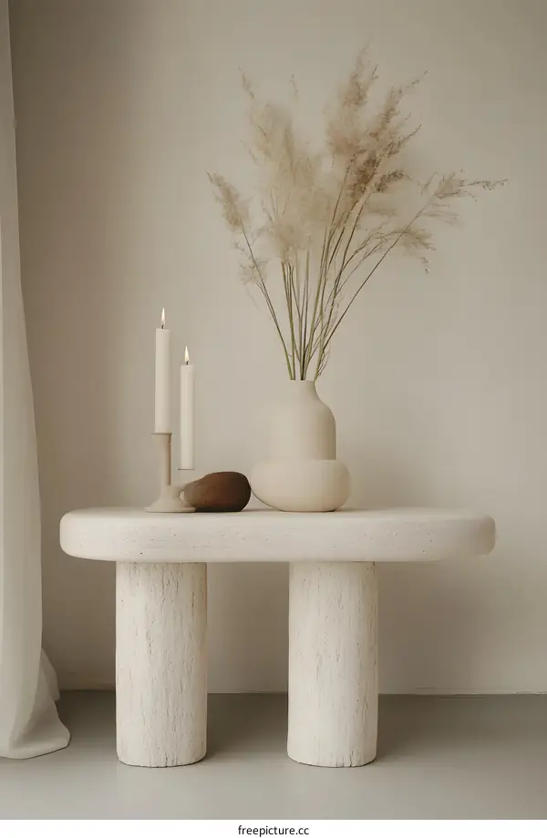 Minimalist Home Decor with White Vase, Candles, and Dried Pampas Grass on a White Table