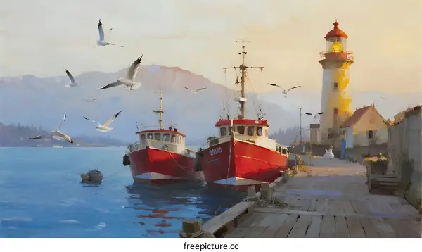 Red Fishing Boats Moored Near Lighthouse by Calm Sea