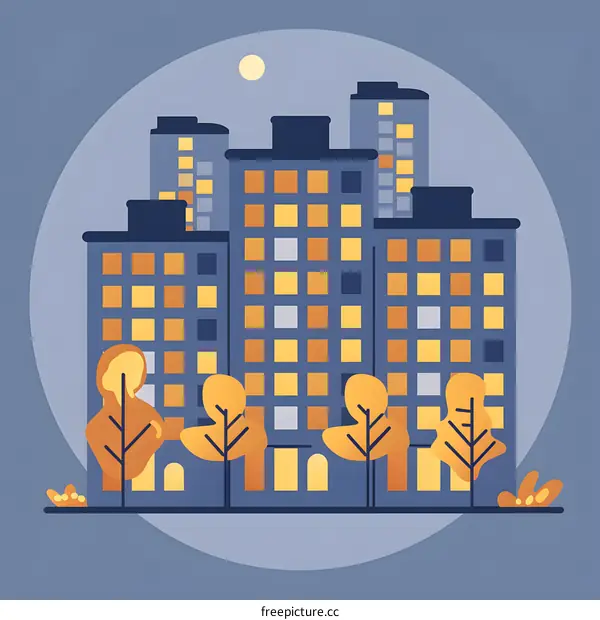 Night Cityscape with Buildings and Trees Illustration