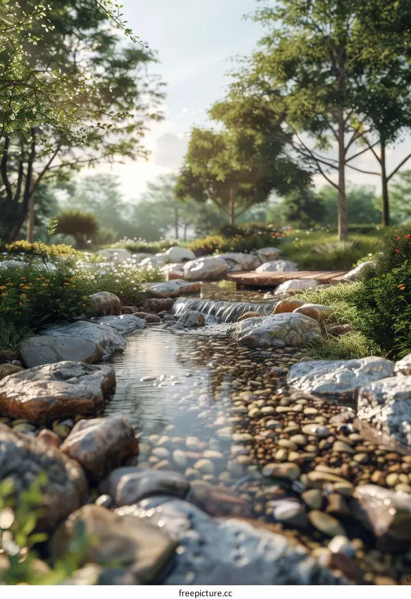 Sunlit Forest Path with Pebble Stones