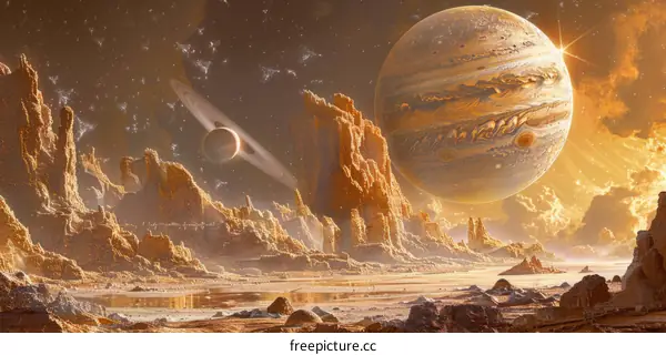 An illustration of a rocky moon with a distant gas giant and a ringed moon