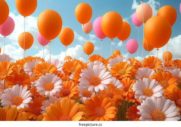 Orange and pink balloons float above a field of orange and white daisies against a blue sky