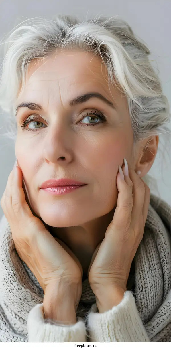 Close up portrait of a woman with gray hair and wrinkles