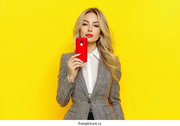 Business Woman Holding Red Phone Against Yellow Background