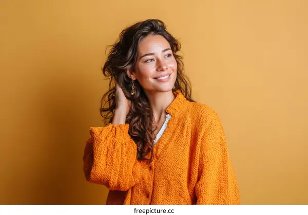 Happy Woman in Orange Sweater Against a Mustard Yellow Background