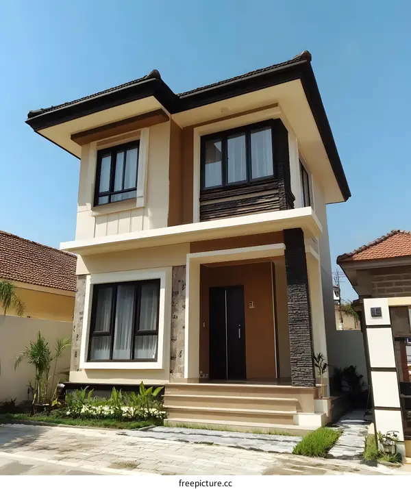 Modern Two Story House with Brown Facade and Black Windows
