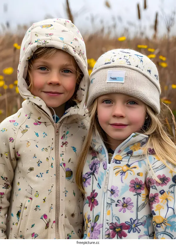 Two little girls standing in a field of yellow flowers