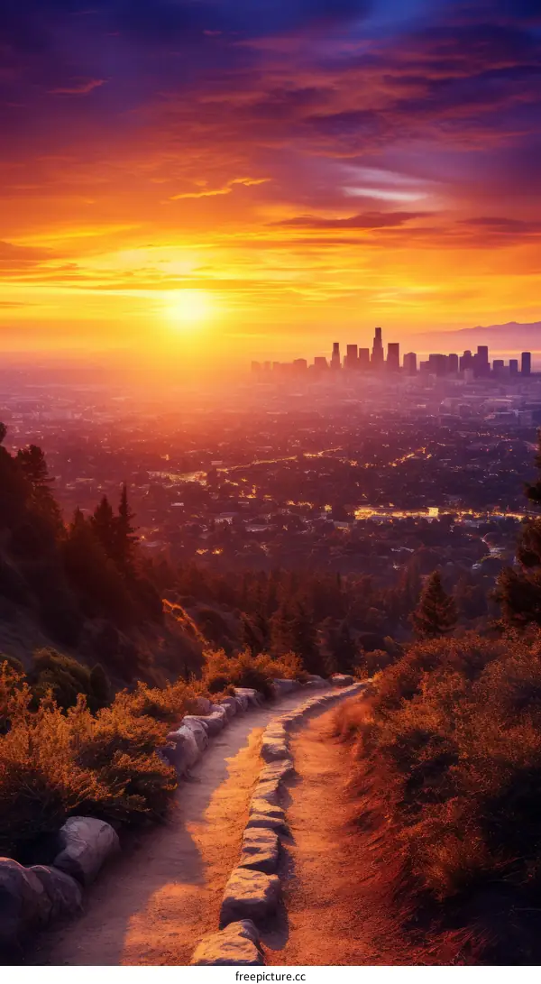 The setting sun casts a golden glow over the city of Los Angeles