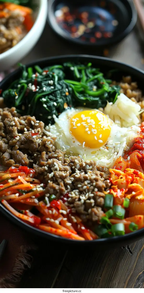 Korean Food, Bibimbap with Kimchi and Egg