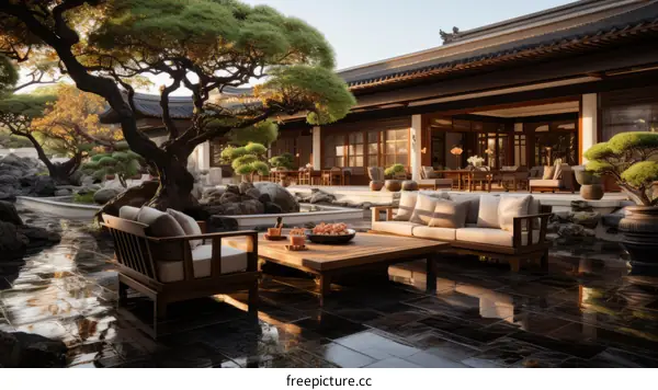 Courtyard with a large tree and a seating area