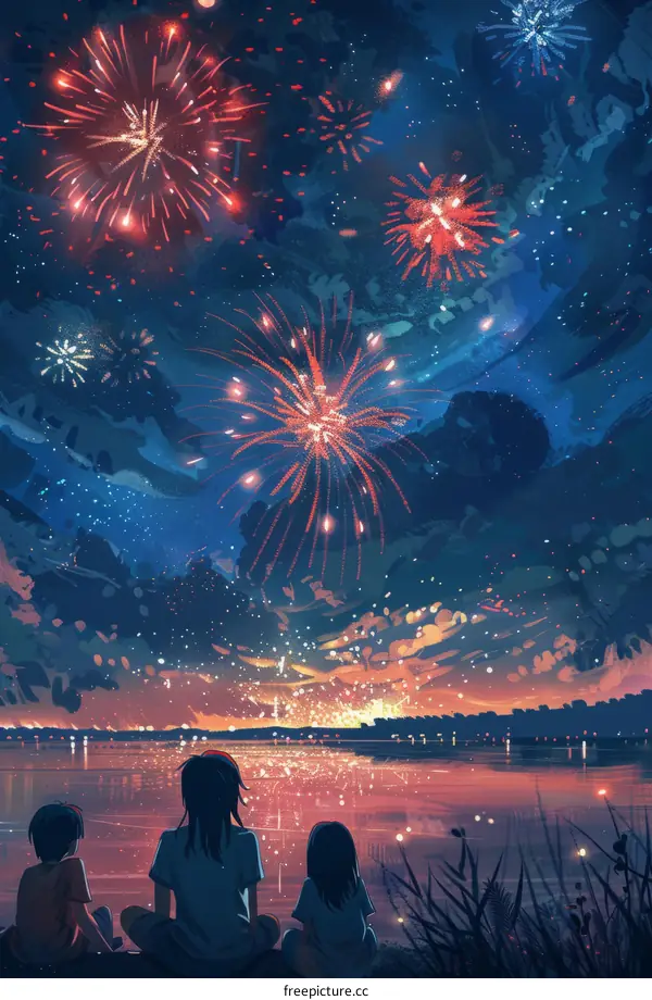 Kids Watching Fireworks Over a Lake