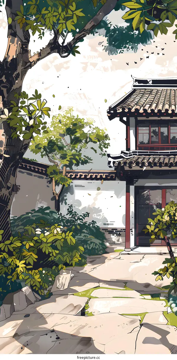Traditional Chinese Architecture Illustration With Green Trees And Stone Path