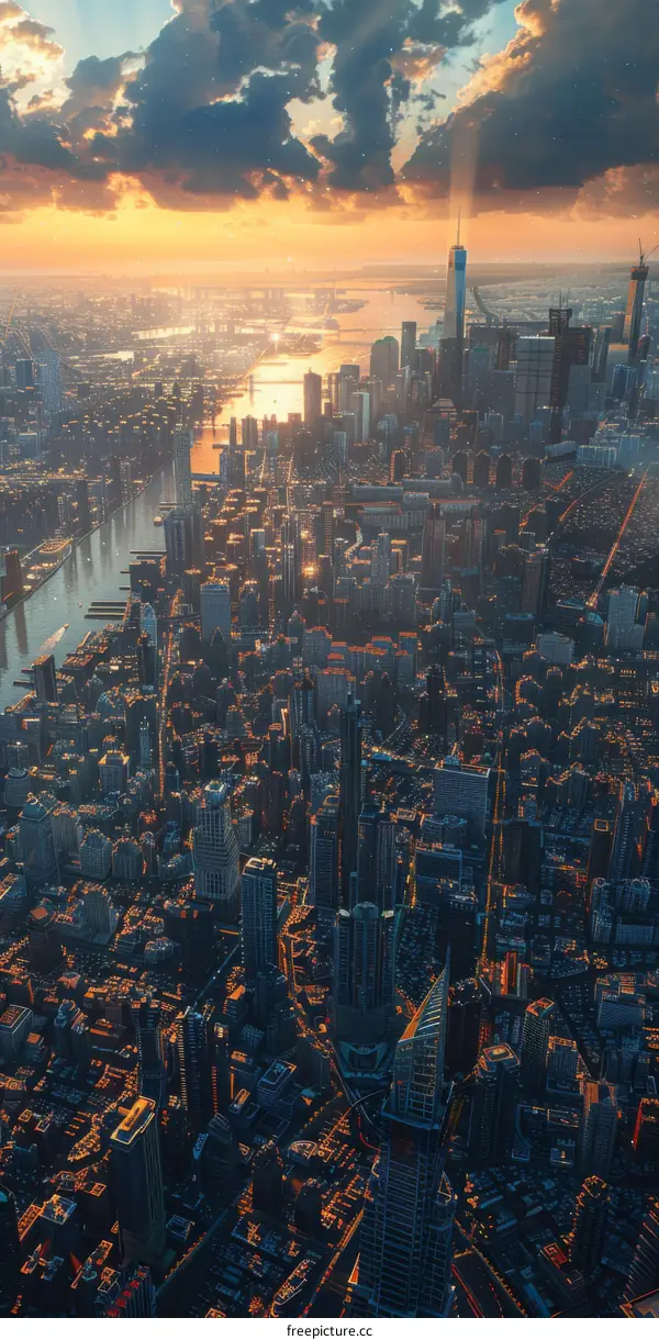 Aerial View of Skyscrapers at Sunset