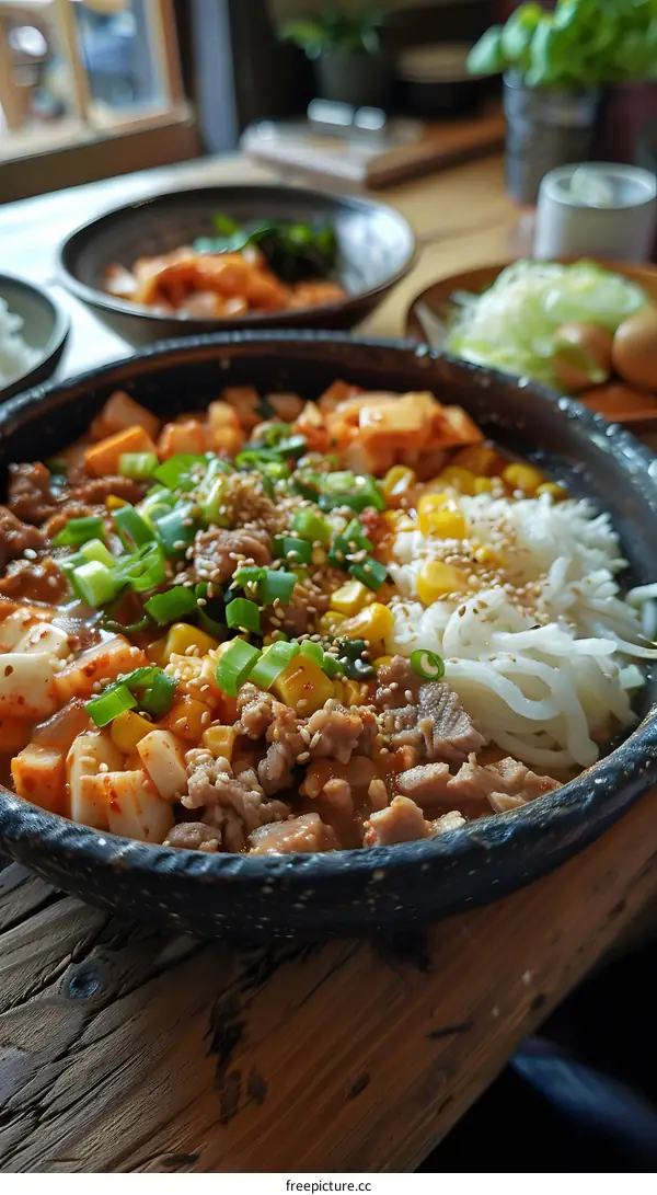 A bowl of Korean food with rice, pork, kimchi, and other ingredients