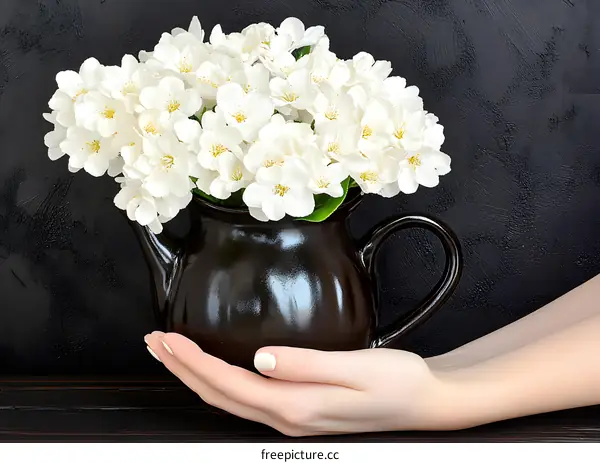 White Flowers in Black Teapot on Wooden Table