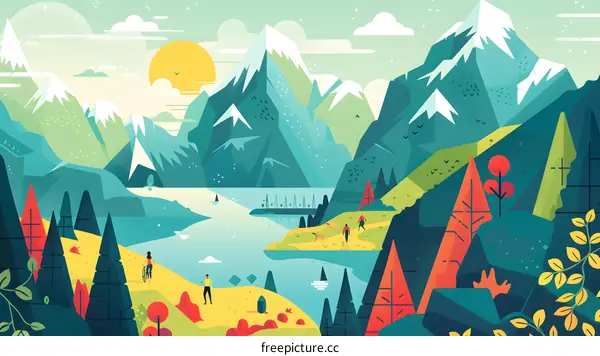 Mountain Lake Landscape with People and Birds