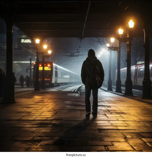 Man walking away from the train station at night