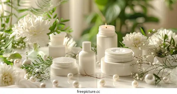 Luxurious Skincare Products with White Flowers and Green Leaves on Marble