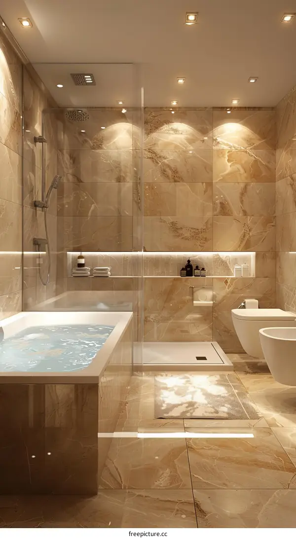 Lavish bathroom interior with bathtub and shower