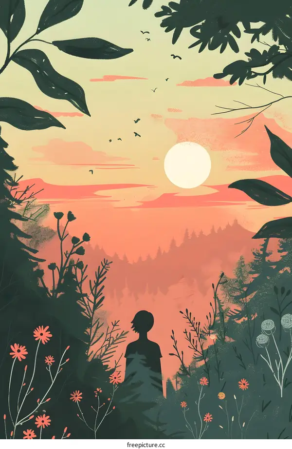 Silhouette of a Person Standing in a Forest at Sunset