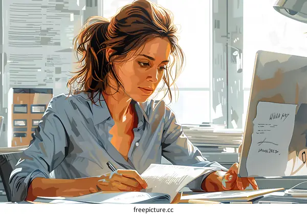 A thoughtful businesswoman is working on a project in her home office.