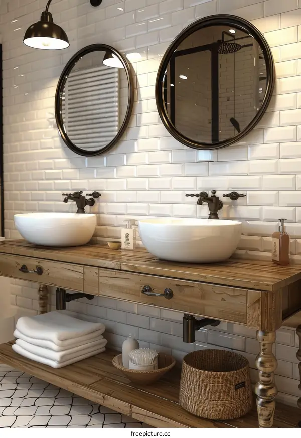 Rustic Farmhouse Bathroom Vanity with White Subway Tiles
