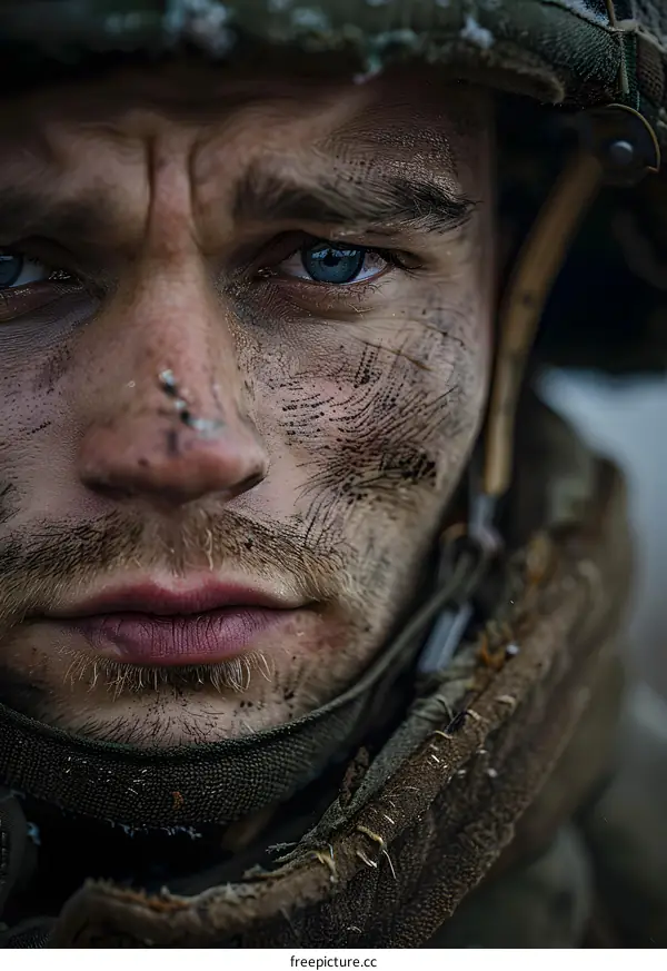 Portrait of a soldier with blue eyes and a dirty face