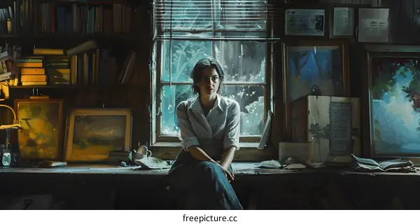 A woman is sitting on a table in front of a window.