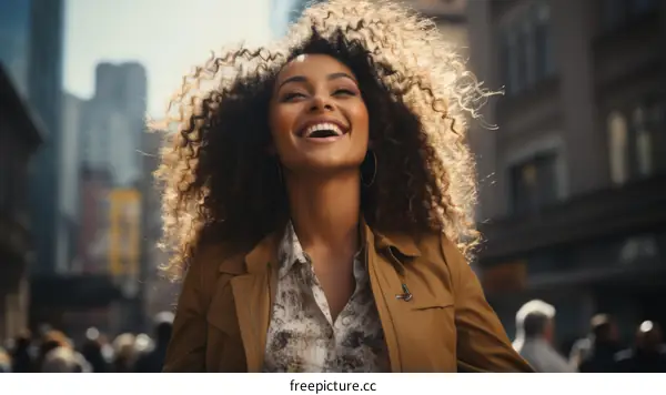 Laughing woman with curly hair in the city
